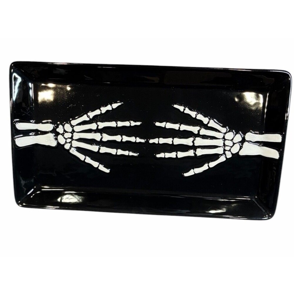 Makery Ceramic Halloween Serving Tray Skeleton Hands Black White 15x8.5”